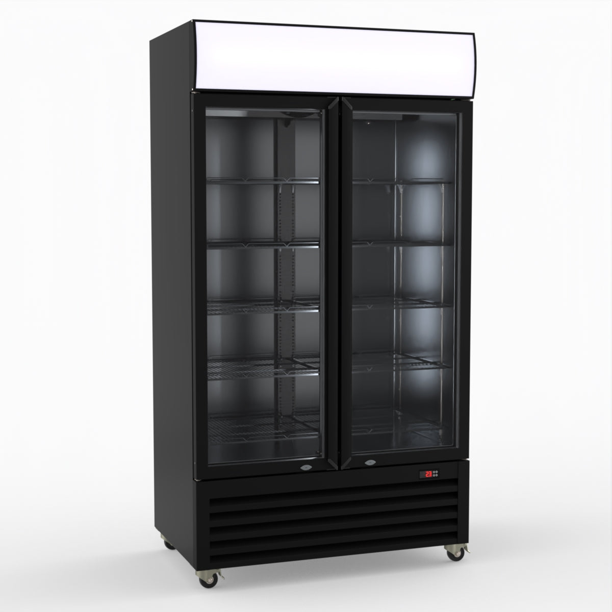 Thermaster 1000L Two Glass Door Upright Drink Fridge Black 10Amp